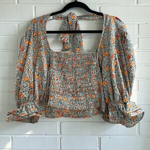 Sienna Sky Floral Smocked Crop Blouse Medium Cottagecore Boho Puff Sleeve